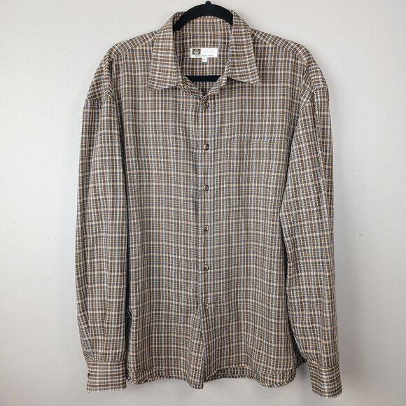 MENS TILLY BRAND PLAID BUTTON DOWN, BROWN AND GREEN, LONG SLEEVE, LARGE - Picture 1 of 6